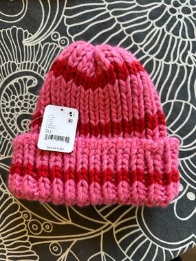 Free People Pink & Red Striped Knit Beanie (Hat only) NWT